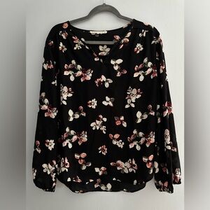 Long sleeve black floral blouse, size large